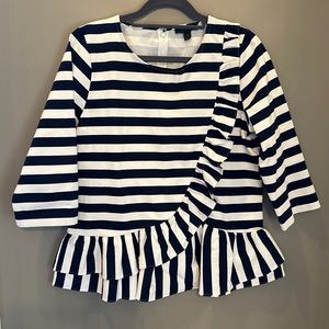 JCrew navy and white striped top with ruffle details.